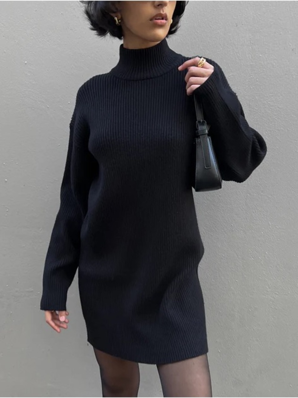 OAK + FORT Black Ribbed Turtleneck Sweater Dress